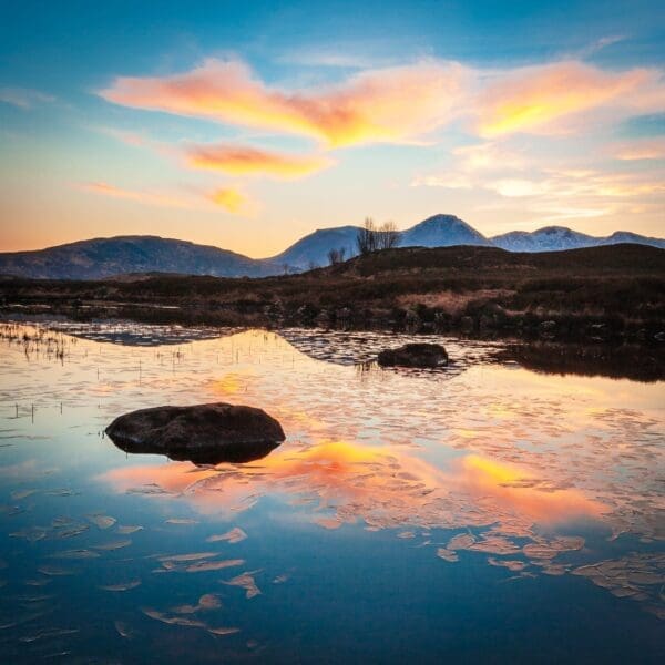 Sunset over the Black Mount from Loch Ba, Rannoch Moor, Scotland. HC013