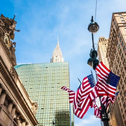 US flags on lamp-post outside Grand Central Station, New York City NY015