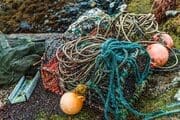 Lobster pots, ropes and buoys, Orinsay, Lewis HB024