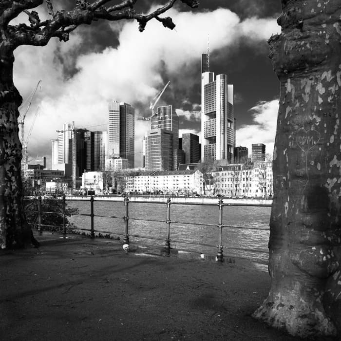 Monochrome image of Frankfurt city centre from across the Main.