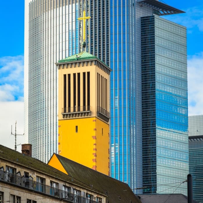 Matthauskirche (St Matthew&#039;s Church) and the Pollux Tower in the Gallus district of Frankfurt am Main, Hesse, Germany. FF020