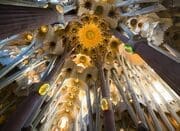 Interior view of the ceiling of La Sagra Familia basilica showing forest-like pillars and decoration as light filters through roof. BC011