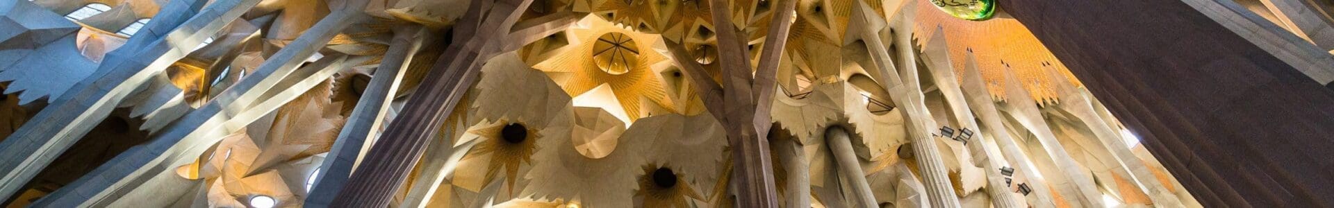 Interior view of the ceiling of La Sagra Familia basilica showing forest-like pillars and decoration as light filters through roof. BC011