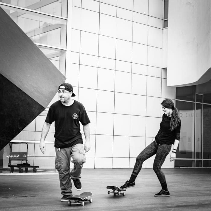 Skateboarders outside the Museu d&#039;Art Contemporani de Barcelona (MACBA). BM001