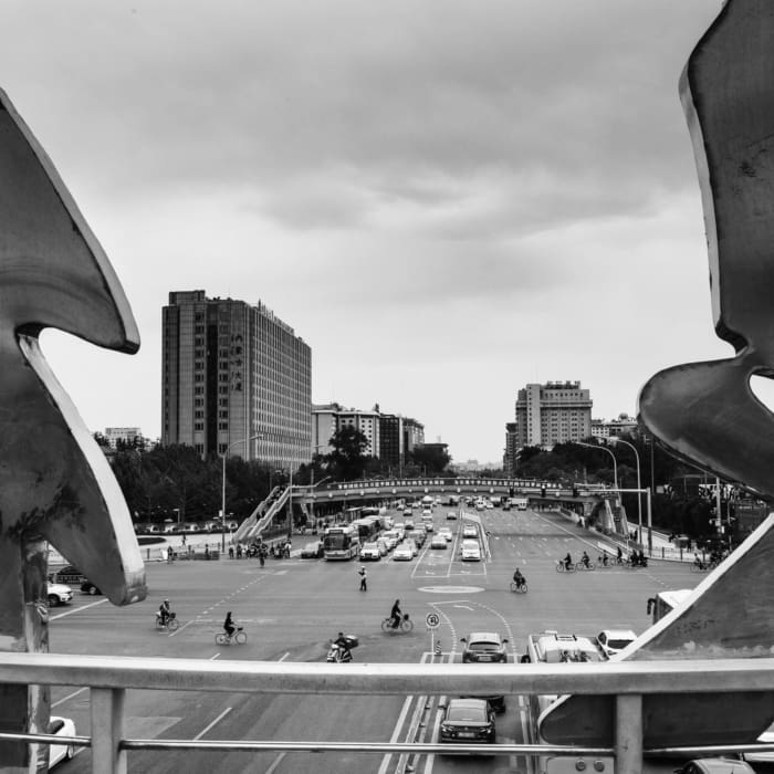 View from pedestrian bridge at an intersection in Beijing, China. ZM011