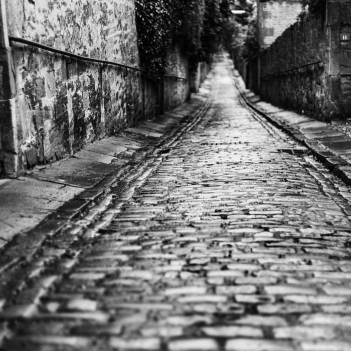 Monochrome (black and white) image of Strawberry Bank, Dundee, Scotland. DD013