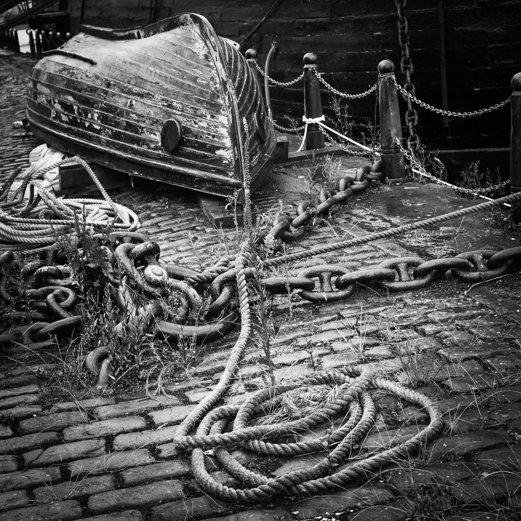 Upturned boat and rope on City Quay, Dundee.