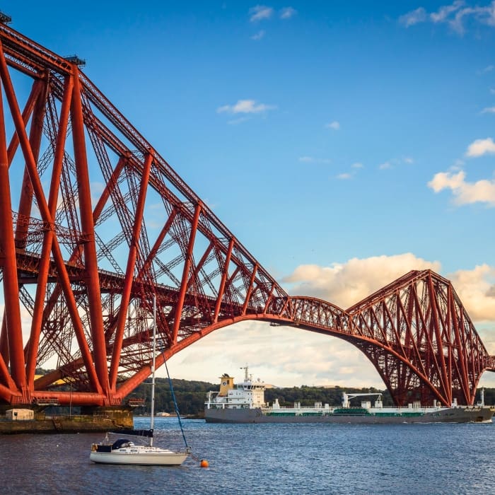 Oil products and chemical tanker Solero sailing west under the Forth Rail Bridge, near North Queensferry, Fife, Scotland, United Kingdom. FB002