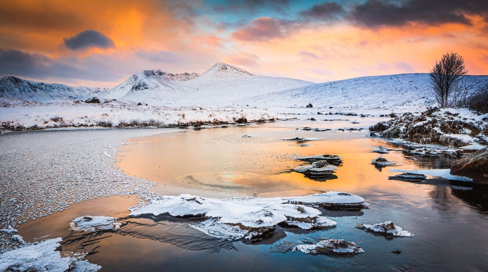 Wintry dawn over the Black Mount and the River Ba, Rannoch Moor, Scotland. LR013