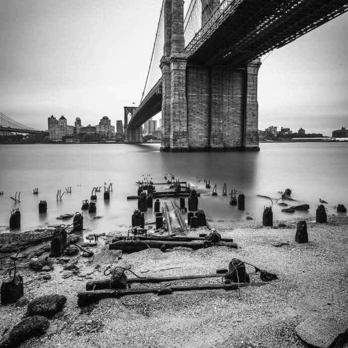 Brooklyn Bridge and old pier pilings in the East River at low tide, New York City. NM006