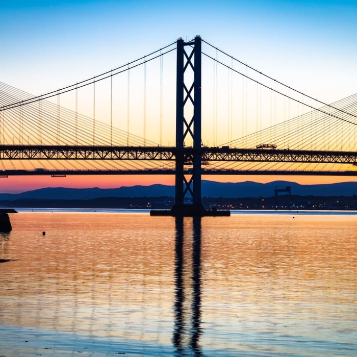 The Queensferry Crossing and Forth Road Bridge from South Queensferry, West Lothian, Scotland, United Kingdom. FB005