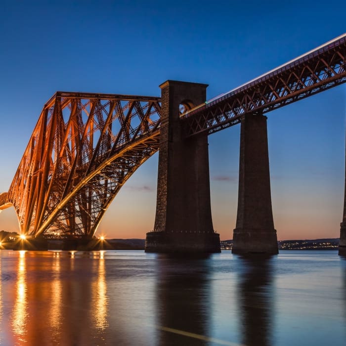 The Forth Rail Bridge at dusk from South Queensferry, West Lothian, Scotland, United Kingdom. FB009