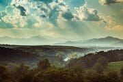 View of the western Blue Ridge Mountains from the grounds of Biltmore House, Asheville, North Carolina, USA. NC013