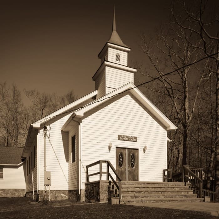 Sepia toned image of Long Ridge Baptist Church, Long Ridge, North Carolina, USA. CM012