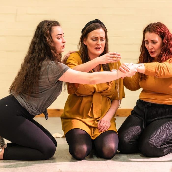 Lydia Davidson, Lori Flannigan and Nina Gray of Fearless Players rehearsing for &#039;Armour: A Herstory of the Scottish Bard&#039;. FP009