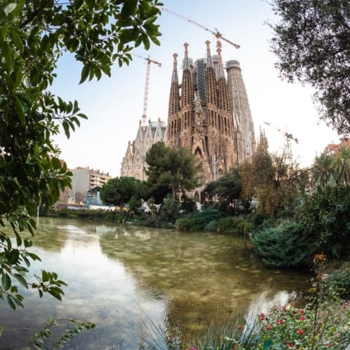 The Basilica Sagrada Familia from the Placa de Gaudi, Barcelona, Spain