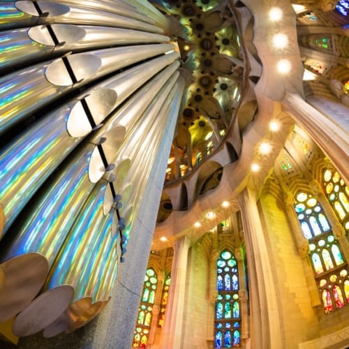 Organ pipes within the Basilica Sagrada Familia, Barcelona, Spain.