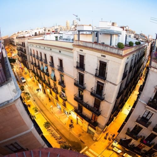 Fisheye View of Barcelona Streets at dusk.