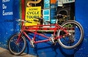 Tandem secured outside cycle tour office in Edinburgh, Scotland. EH013