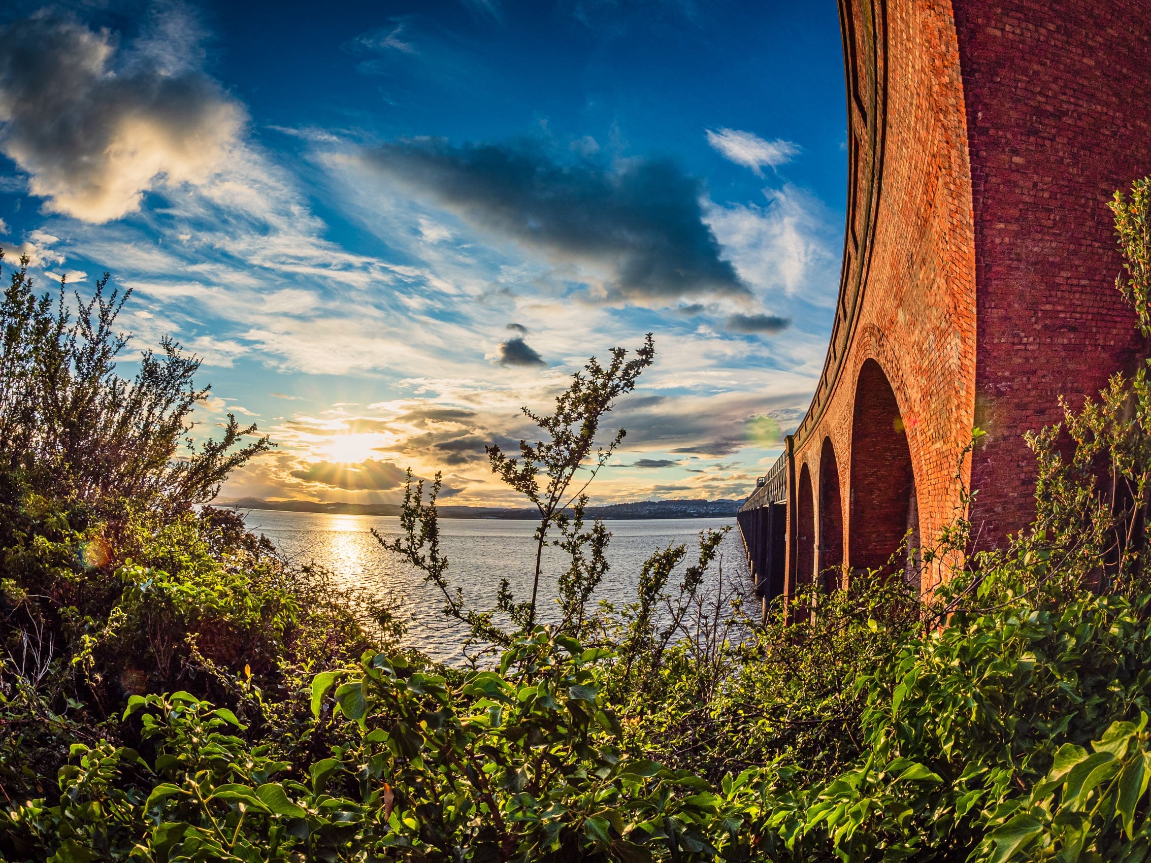 Fisheye view of the south end of the Tay Railway Bridge from Wormit, Fife, Scotland