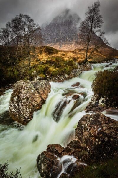 Buachaille Etive Mor and the Coupall Falls in spate, Glen Etive, Scotland. LR003