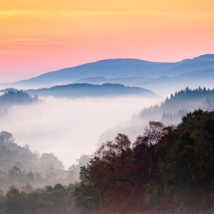 Misty dawn over Loch Drunkie, The Trossachs, Scotland. TR006