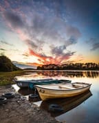 Moored boats on Gladhouse Reservoir, Midlothian, Scotland. LN002