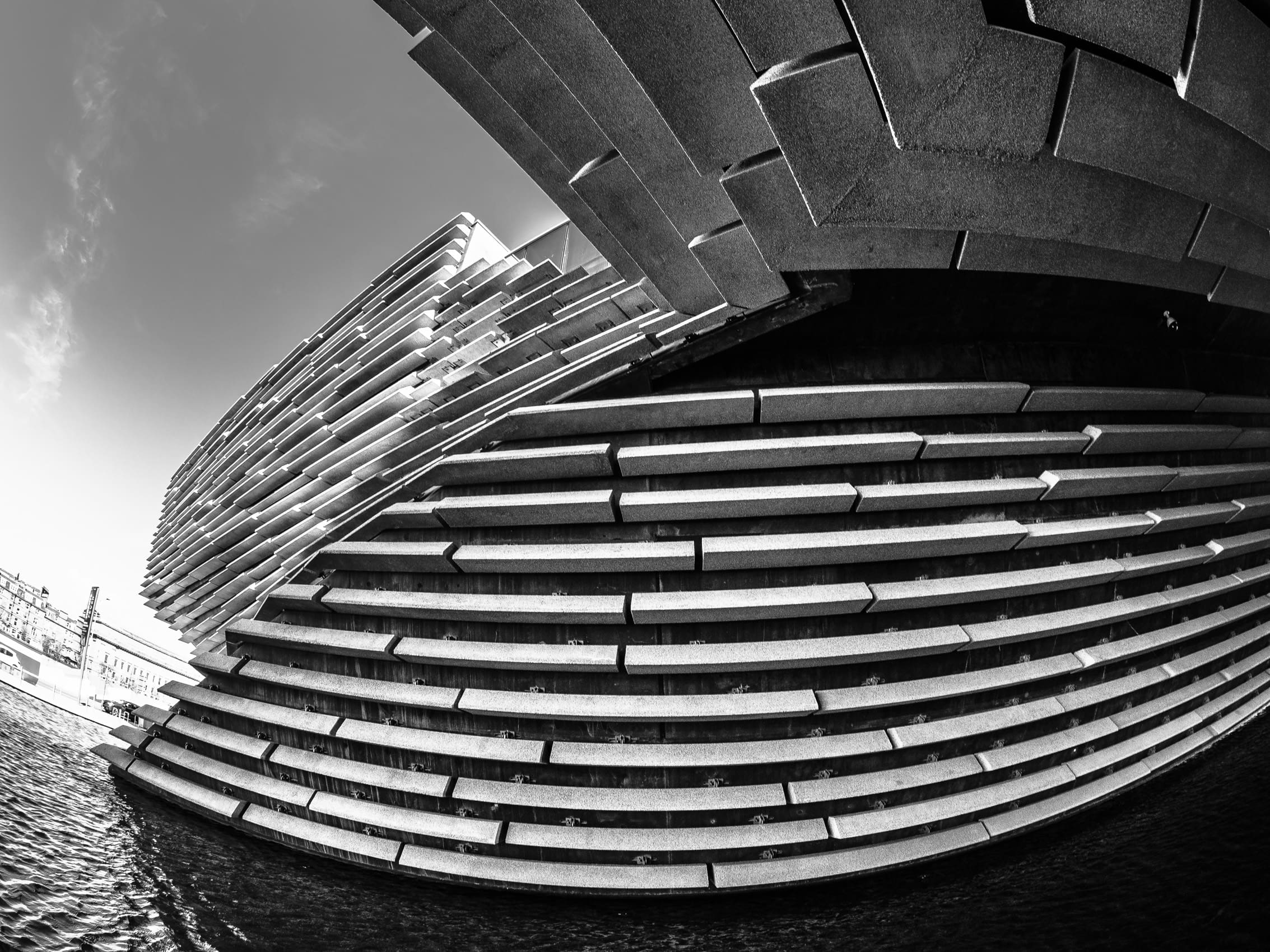 Fisheye view of the V&A Dundee building, Dundee, Scotland.