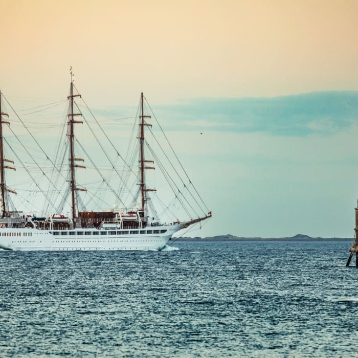 Sea Cloud Spirit sailing ship departing port from Dundee, Scotland