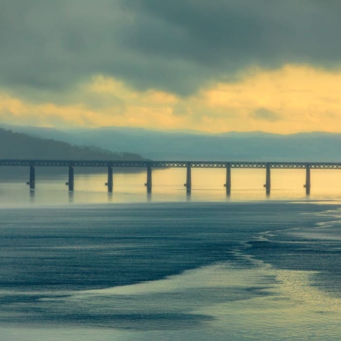 Tay Railway Bridge in an East Coast haar, Dundee, Scotland