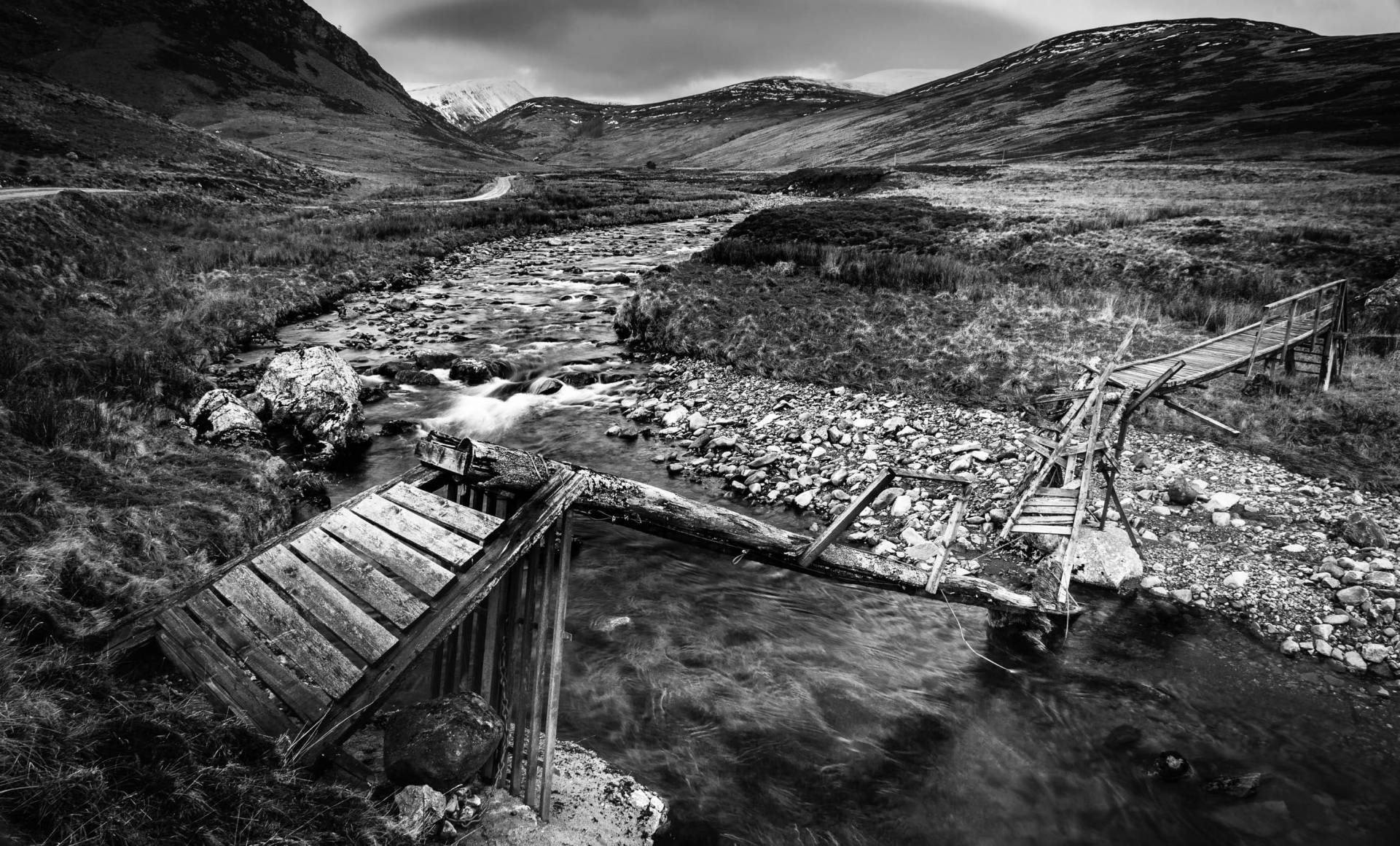 Collapsed footbridge in Glen Isla, Angus, Scotland. SM018