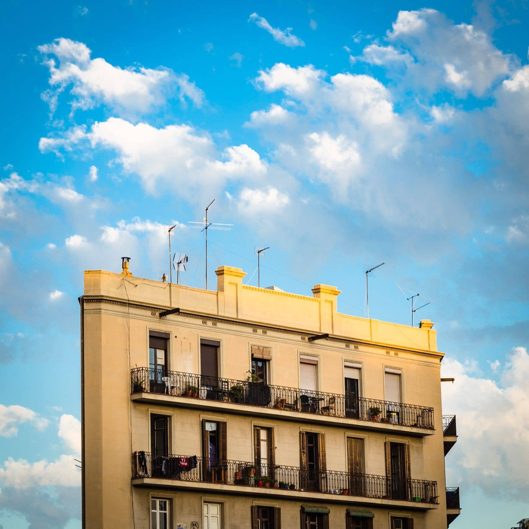 Upper part of apartment block in Barcelona, Spain. BC013